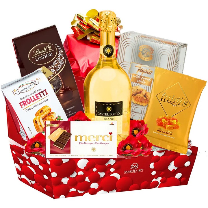 Pachet Cadou SPECIAL, Vin spumant Castel Borgo 0.75l; Panettone 500g; Praline Lindor 74g; Jeleuri Luigi's100g; Tableta Merci 100g; Toffee Luigi's 80g; Tapis Forno della Toscana 100g; Fursecuri 80g; Tavita cadou 26EMG15