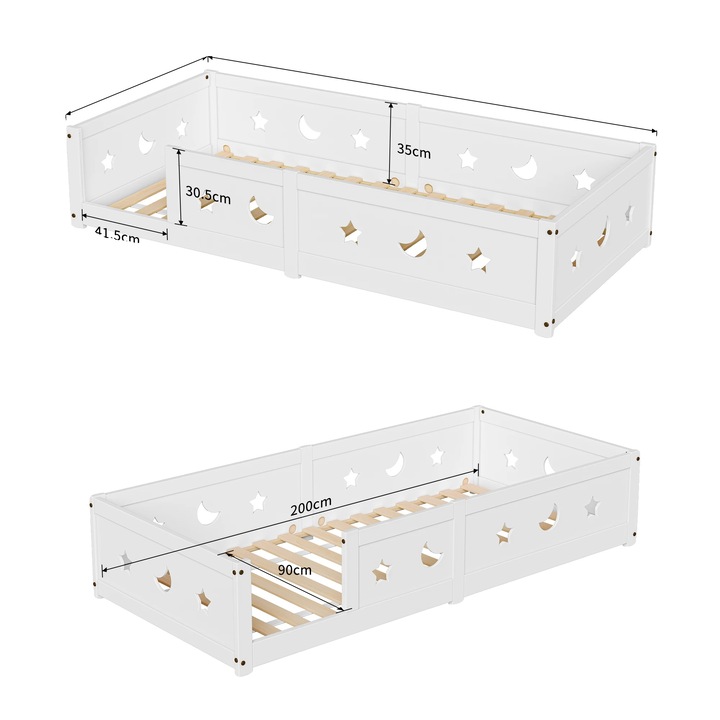 Pat Montessori cu protectie la cadere, design scandinav, alb, 90x200cm