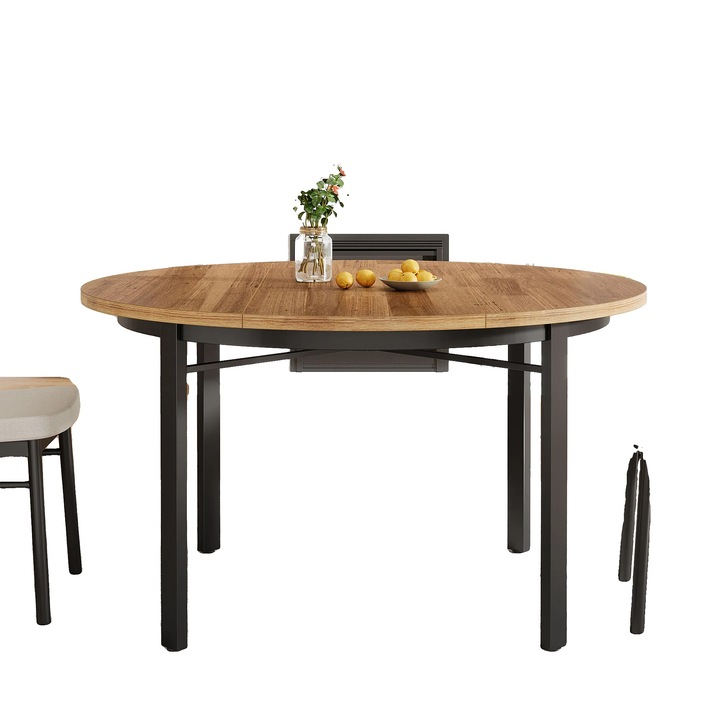 Masa de dining, design rotund, 4-6 locuri, maro si negru, 118x76cm