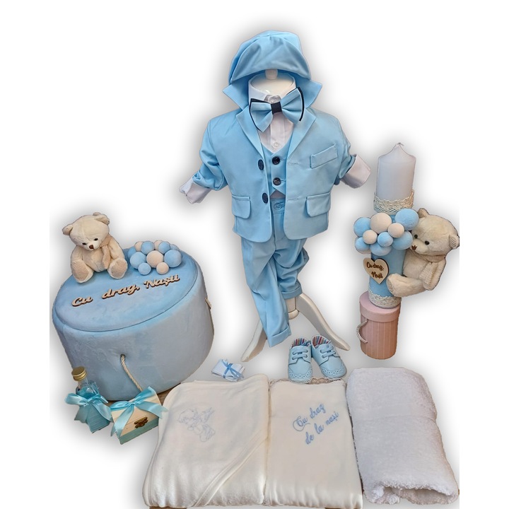 Trusou botez elegant Paul 12 piese, costum, pantofi, ciorapi, cutie hainute trusou biserica, lumanare