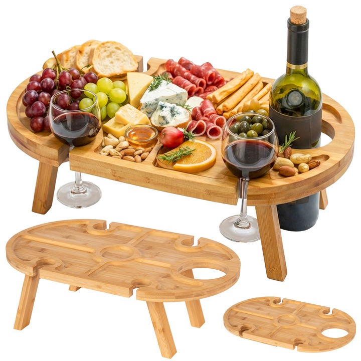 Placa de servire Gockowiak Delia, din bambus, cu picioare pliante, 4 sectiuni si loc pentru dip, natural, 50x30 cm