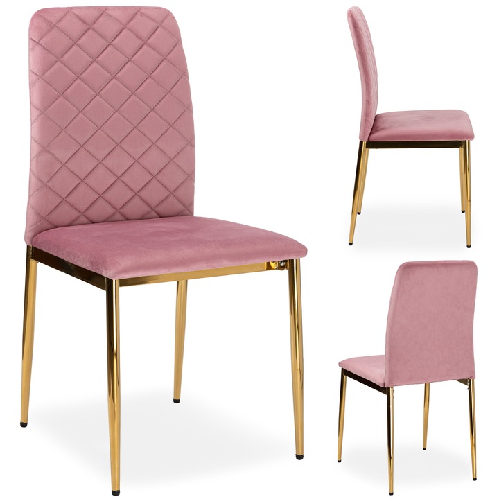 Scaun tapitat eHokery Maverik catifea roz picioare aurii 90x46x50cm