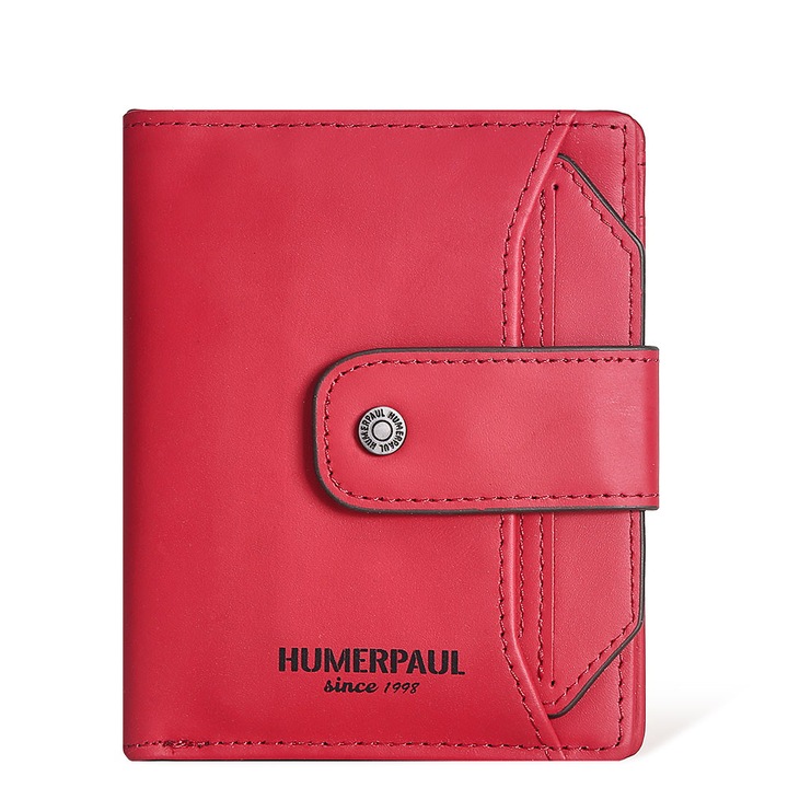 HUMERPAUL, Дамски кожен портфейл, RFID дизайн против кражба, голям капацитет с прозорец за снимки, червен