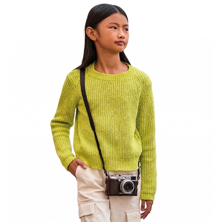 Pulover Fete Sarabanda, din Tricot cu Aspect de Catifea (Chenille) si Decupaj la Spate, Verde Lime