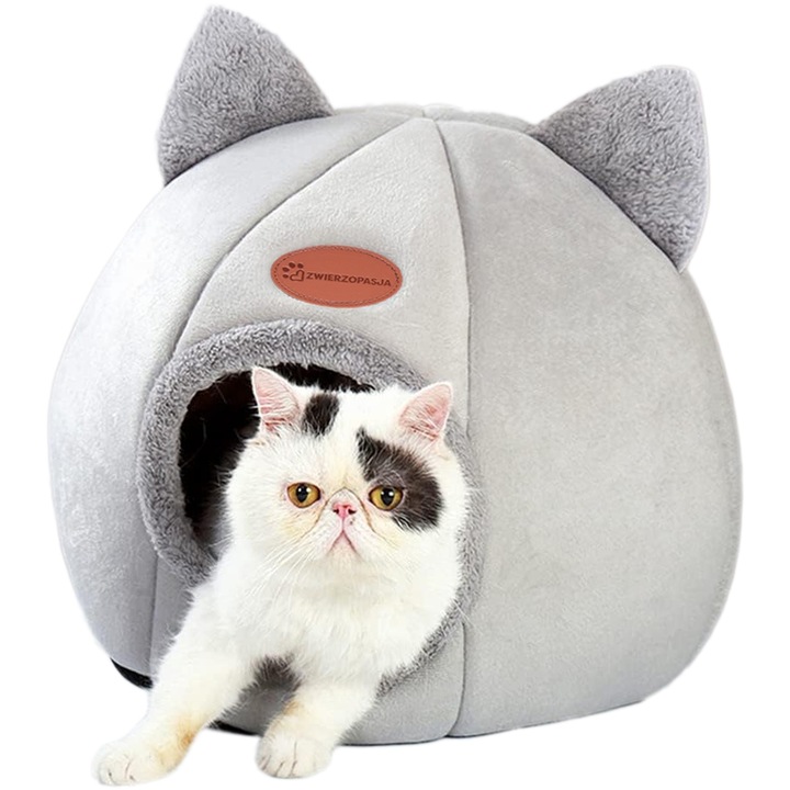 Culcus pentru pisici si caini mici ZWIERZOPASJA AMBER, gri, 33x37x37cm, cu perna detasabila