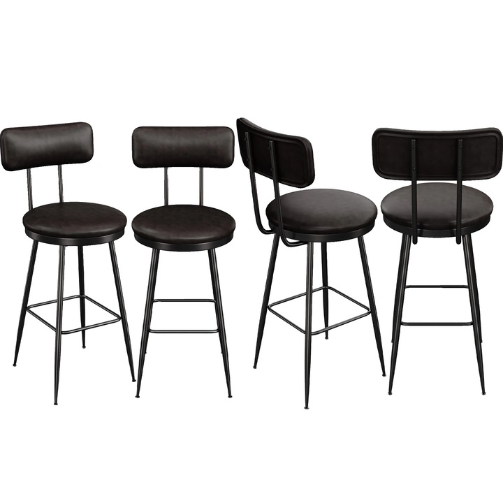 Set de 4 scaune de bar, Piele PU, Design Modern Minimalist, Negru, 38x38x85.5cm