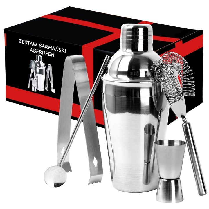 5 részes bártender szett, Gockowiak, 500 ml-es shaker, inox, krómozott