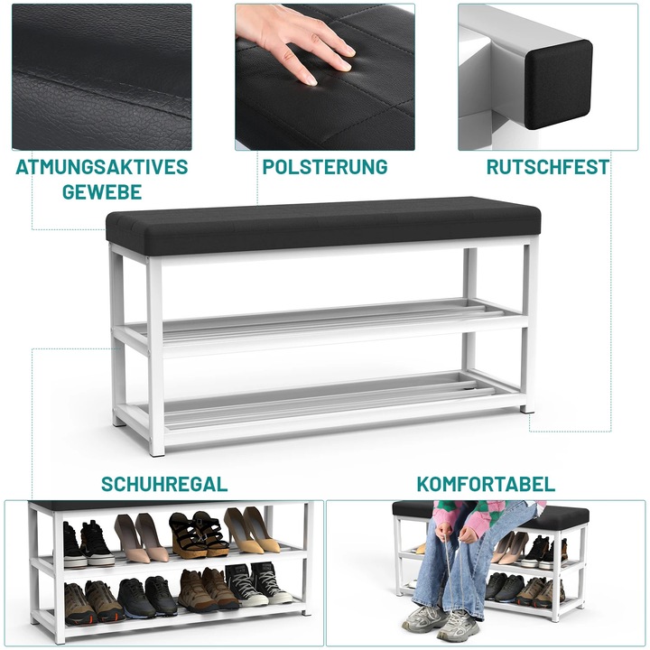 Cipőtároló pad, 2 szintes, 136 kg teherbírású, fehér, 90x45x29cm