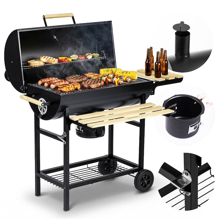 Grill pe carbune Berdsen, model cu cos, 2 rafturi pliabile, termometru, negru, 111x65x107cm