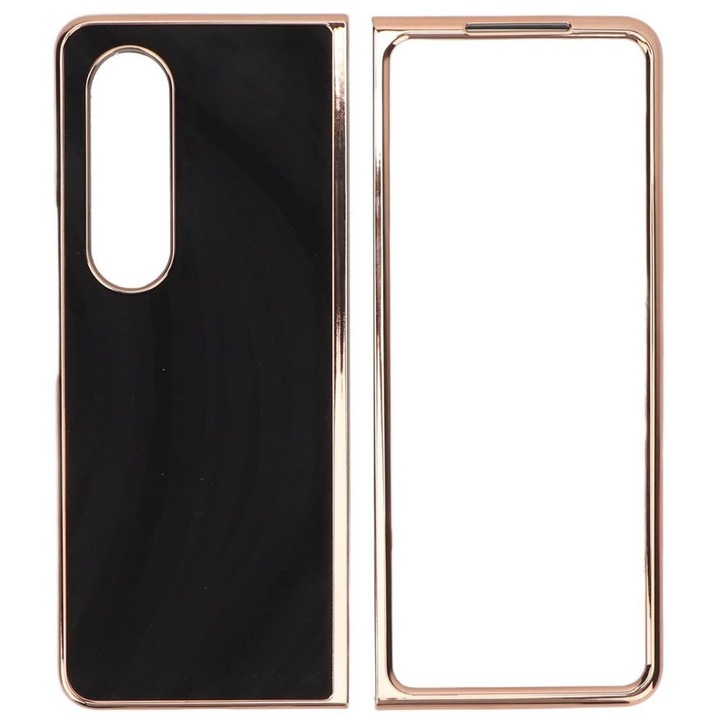 Husa de telefon, protectie speciala, compatibil cu Z Fold 4, textura piele, rezistenta la zgarieturi, margini electroplacate, Negru/Auriu