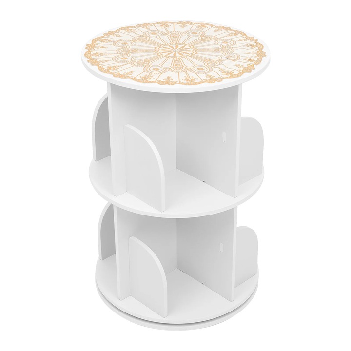 Biblioteca rotativa, etajera cu 2 niveluri, rotatie 360°, diametru 23 cm, PVC, de podea, pentru carti, jucarii si obiecte de colectie, auriu