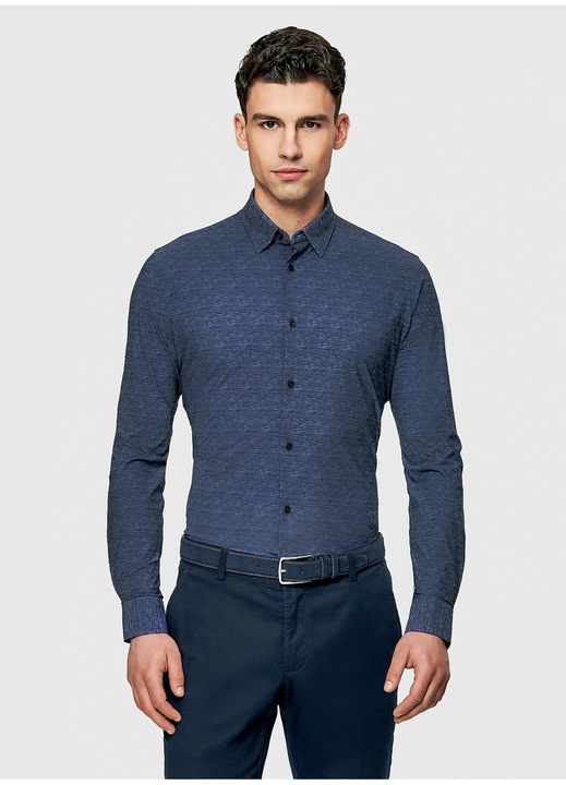 Camasa barbati Pako Lorente Croiala Slim Fit Imprimeu melanj pe toata suprafata Maneca lunga Material elastic Bleumarin, Bleumarin