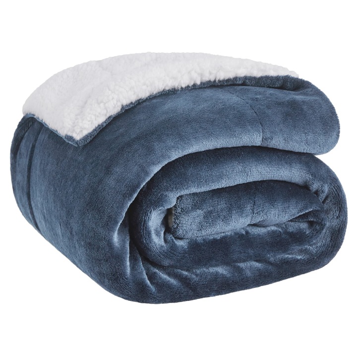Patura pufoasa BEDSURE, sherpa fleece tip lana, 150x200 cm, albastru