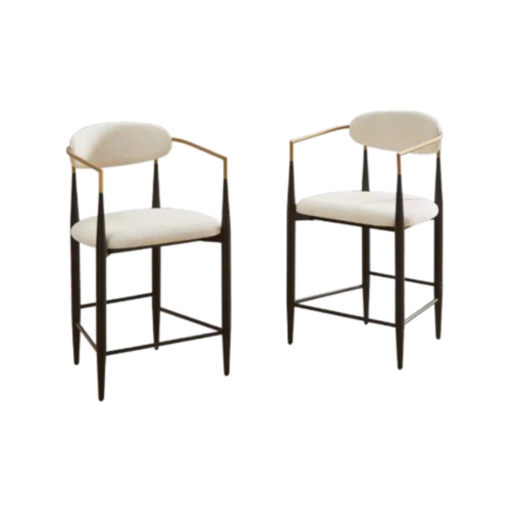 Set de 2 scaune de dining, design compact, bej cu accente negre si aurii, spatar ergonomic