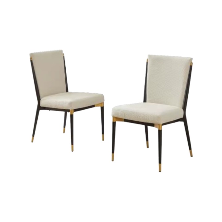 Set 2 scaune de dining, design compact, bej cu accente negre si aurii, spatar ergonomic, perne moi