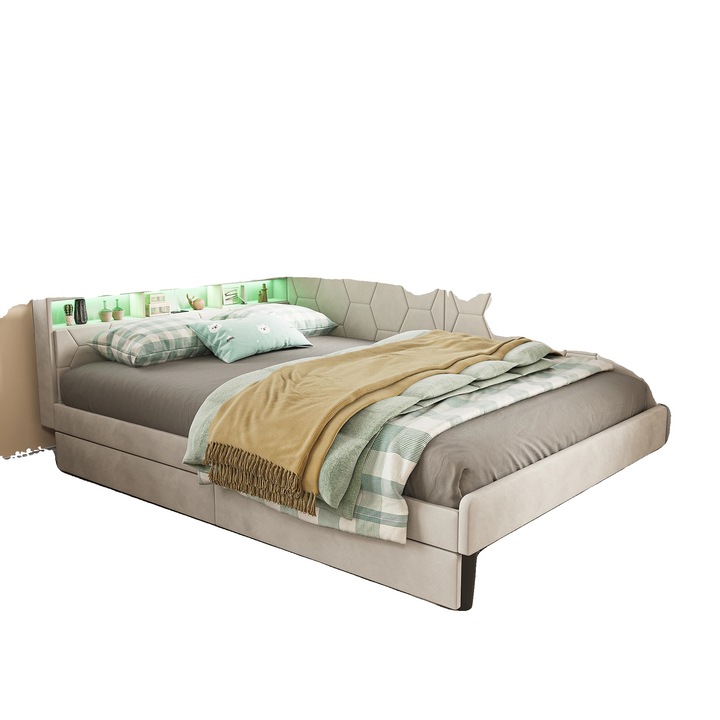 Canapea extensibila, design convertibil, iluminare LED, bej, 90x200cm