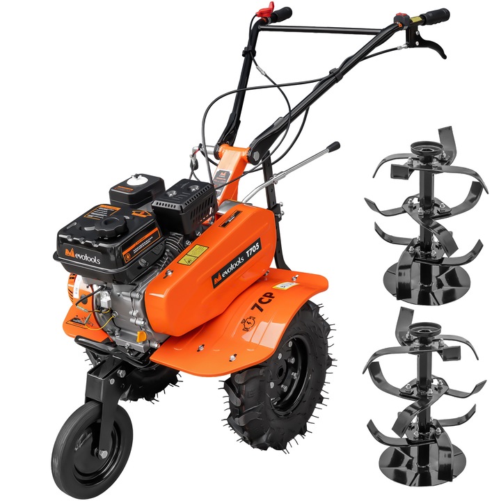 Motosapa Evotools T705, motor 7 CP, 2+1 viteze, latime lucru 56-84 cm, freze, roti cauciuc, roata frontala