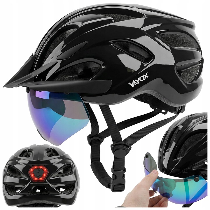 Casca protectie bicicleta Vayox Speed L VA0425BGL + viziera detasabila fade, Circumferinta 58-61 cm, Cu lumina spate USB-C LED, Cu 15 canale de ventilatie, Negru Lucios