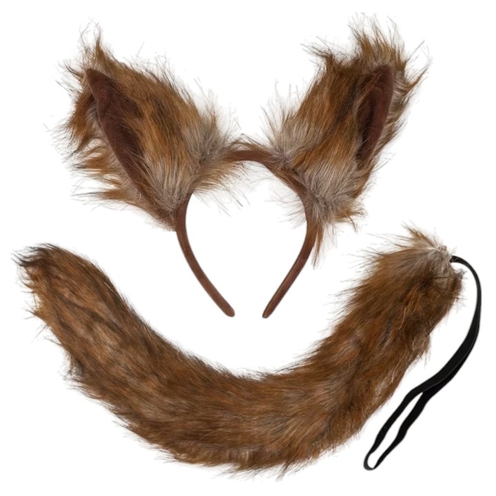 Set 2 accesorii costum vulpe, blana maro, coada si bentita cu urechi, marime universala