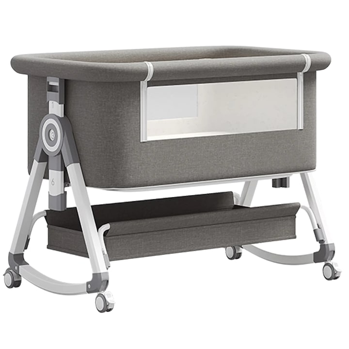 Patut bebe, design portabil, inaltime ajustabila, gri, 92x88x54cm