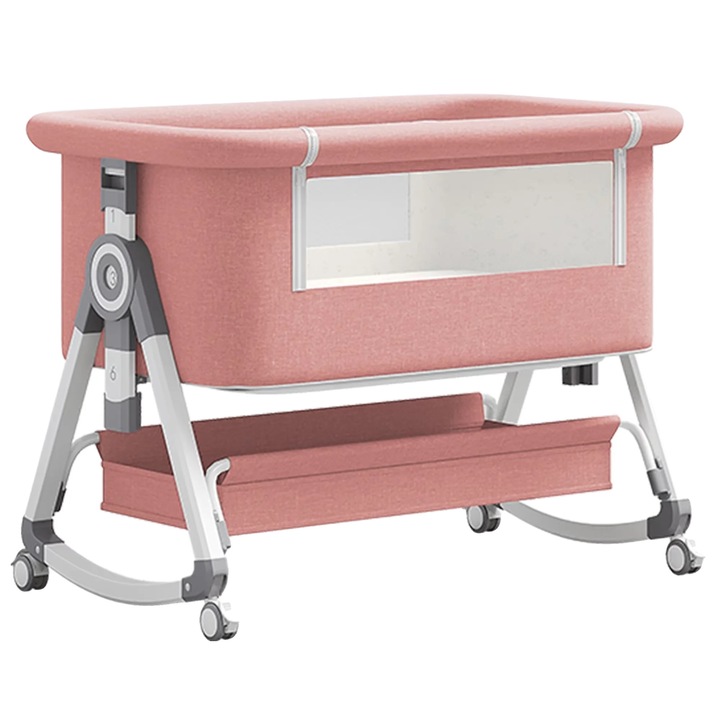 Patut bebe, design portabil, inaltime ajustabila, roz, 92x88x54cm