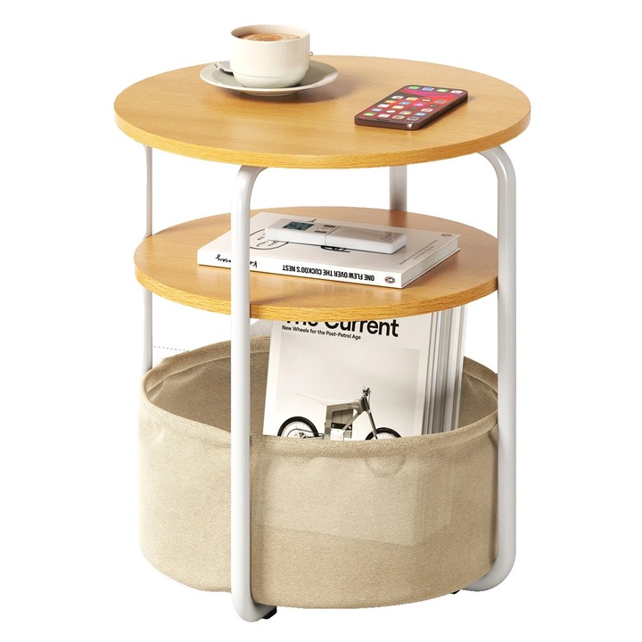 Странична маса, дизайн на 3 нива, метална конструкция и МДФ, естествена, 40x40x60см