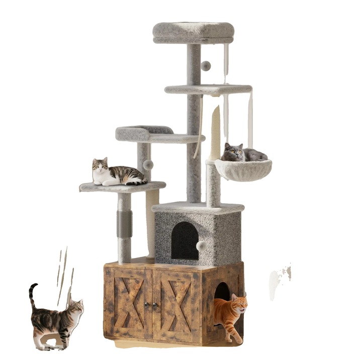 Ansamblu de joaca pentru pisici, design multilevel, cu zona de ascunzatoare, culoare maro