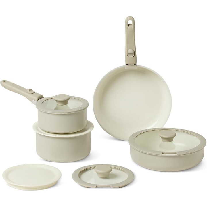 Set de oale si tigai antiaderente Amazon Basics cu maner detasabil, set stivuibil cu 11 piese, compatibil inductie, Aluminiu cu strat ceramic, Crem