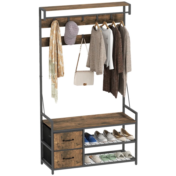 Cuier pentru haine, 10 carlige ajustabile, 2 sertare, maro-negru, 100x40x180cm