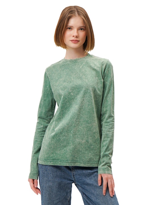 Tricou lung pentru femei, Mod Kids, efect stonewash, bumbac, verde, mărimea L