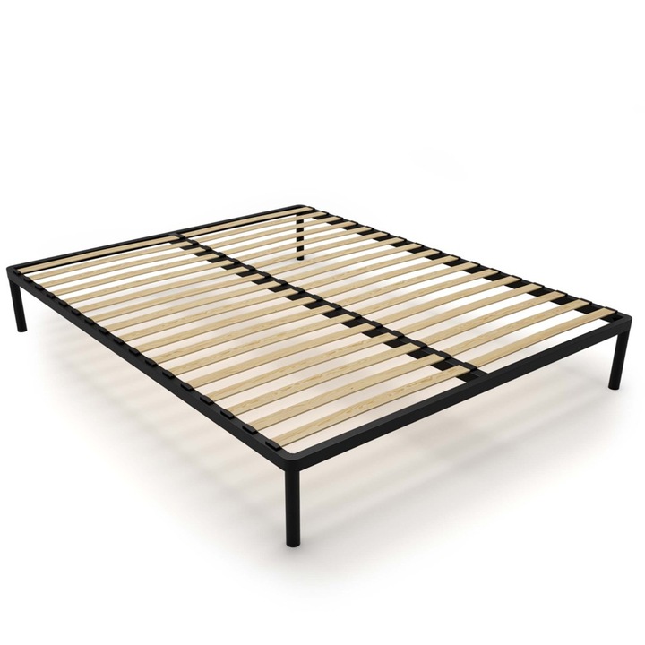 Cadru pat metalic 160x200 cm, negru, cu liste din lemn, design modern
