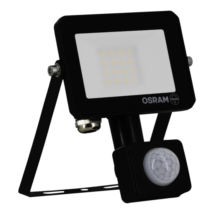 Proiector LED cu senzor de miscare si lumina OSRAM Lux, PIR, 10 W, 900 lm, lumina neutra (4000K), IP65, negru, clasa energetica F