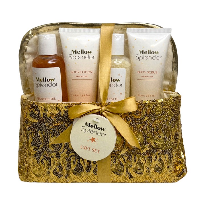 Set cadou spa femei Mellow Splendor cu gel de dus, body lotion, sare de baie, body scrub, borseta cosmetica