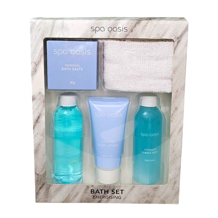 Set cadou spa pentru femei, Oasis, gel de dus 150ml, lotiune de corp 100ml, sare de baie 50g, prosop, ambalaj premium