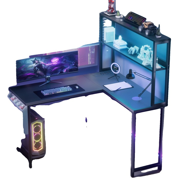 Birou L, design ergonomic, iluminare LED, 01 negru, 148xcm