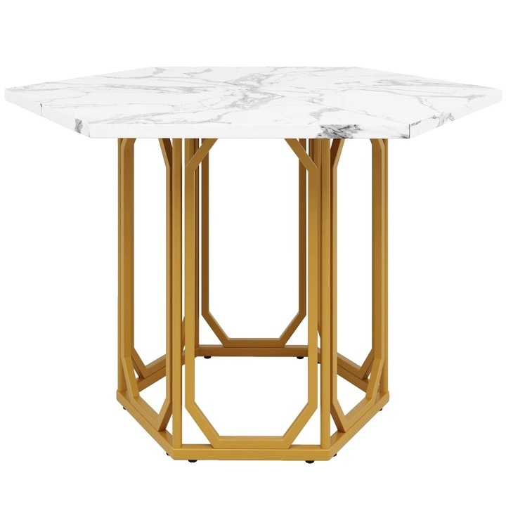 Masa de dining, model cu suprafata din marmura, MDF si metal, aurie, 60x60in