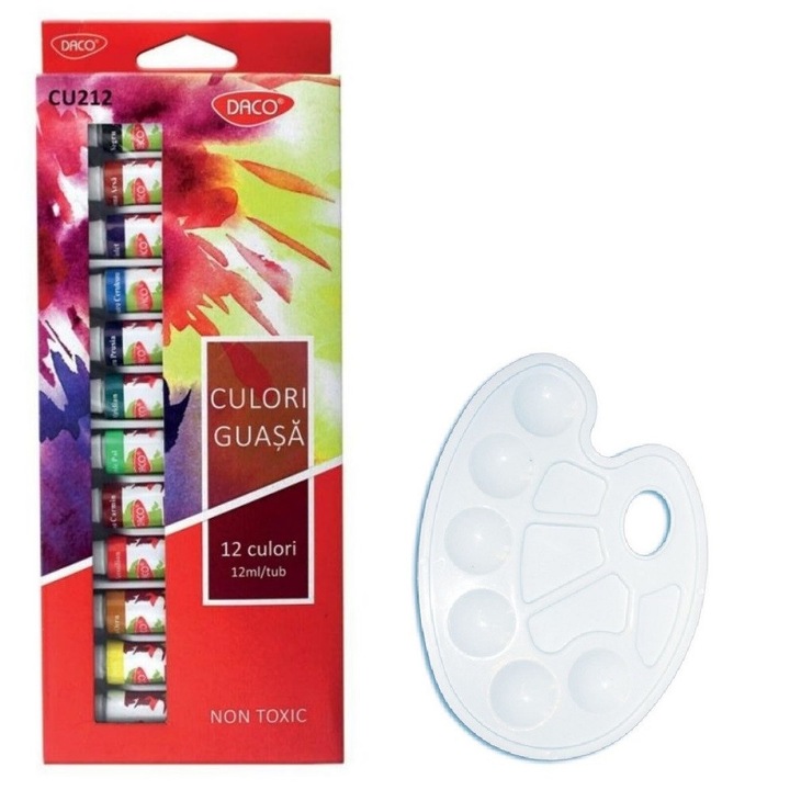 Set guase 12 culori, 12 ml, Daco cu paleta pentru pictura