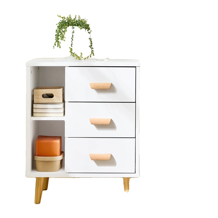 Noptiere, 3 sertare, compartimente deschise, alb, 48x60x40cm