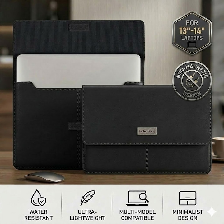 Husa Laptop Excitat®, Compatibila MacBook Air/Pro (M1 M2 M3 M4 M5), Protectie Impermeabila Premium, Textura Anti-Zgarieturi, Inchidere Sigura Velcro, Functie Mouse Pad, 13-14 inch, Negru