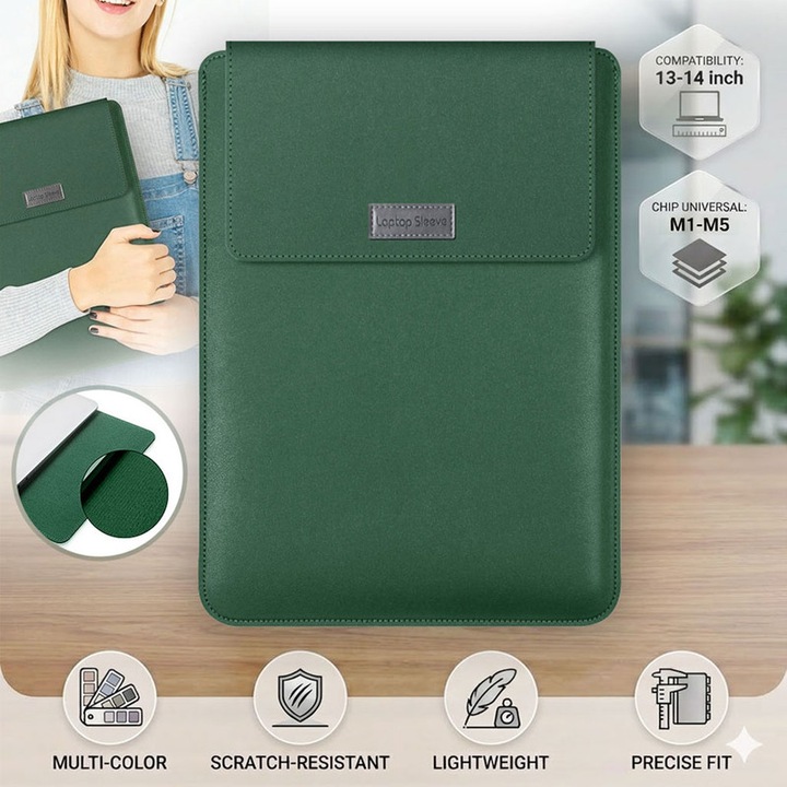 Husa Laptop Excitat®, Compatibila MacBook Air Pro M1 M2 M3 M4 M5, Protectie Impermeabila din Piele PU, Textura Anti-Zgarieturi, Functie Mouse Pad, 13-14 inch, Vertical, Verde