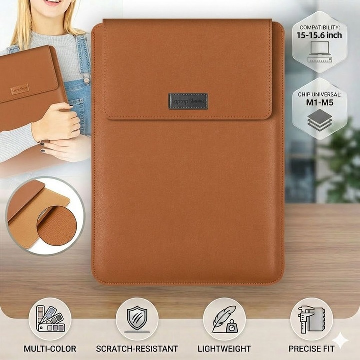 Husa Laptop Excitat®, Compatibila MacBook Air Pro M1 M2 M3 M4 M5, Protectie Impermeabila din Piele PU, Textura Anti-Zgarieturi, Functie Mouse Pad, 15-15.6 inch, Vertical, Maro