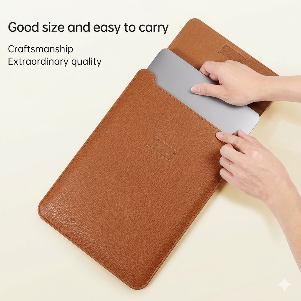 Husa Laptop Excitat®, Compatibila MacBook Air Pro M1 M2 M3 M4 M5, Protectie Impermeabila din Piele PU, Textura Anti-Zgarieturi, Functie Mouse Pad, 13-14 inch, Vertical, Maro
