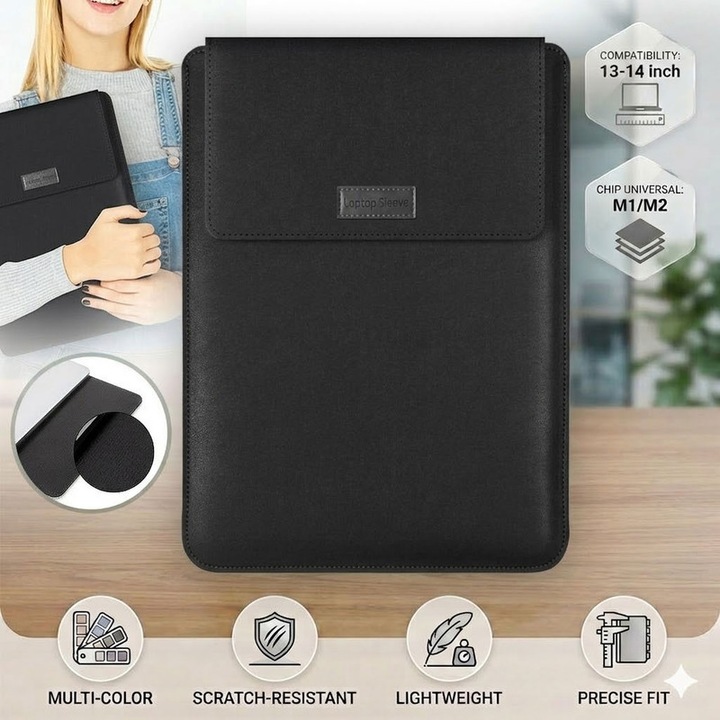 Husa Laptop Excitat®, Compatibila MacBook Air Pro M1 M2 M3 M4 M5, Protectie Impermeabila din Piele PU, Textura Anti-Zgarieturi, Functie Mouse Pad, 13-14 inch, Vertical, Negru