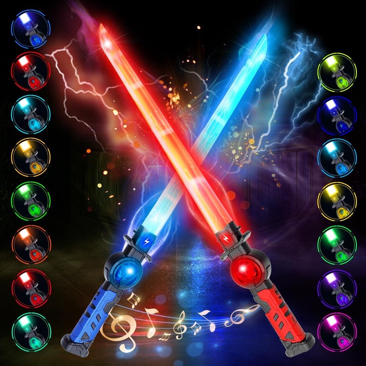 Комплект от 2 играчки лазерни мечове Star Wars, презареждащи се за деца, 15 ярки RGB цвята със звукови ефекти, прибиращо се LED острие 2 в 1, за косплей и тематични партита Самурай, синьо и червено