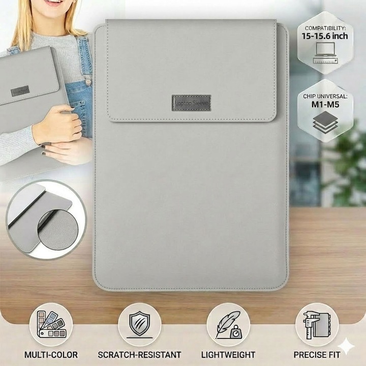 Husa Laptop Excitat®, Compatibila MacBook Air Pro M1 M2 M3 M4 M5, Protectie Impermeabila din Piele PU, Textura Anti-Zgarieturi, Functie Mouse Pad, 15-15.6 inch, Vertical, Gri