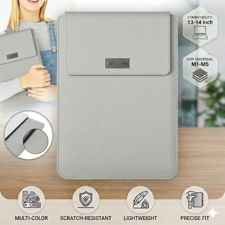 Husa Laptop Excitat®, Compatibila MacBook Air Pro M1 M2 M3 M4 M5, Protectie Impermeabila din Piele PU, Textura Anti-Zgarieturi, Functie Mouse Pad, 13-14 inch, Vertical, Gri