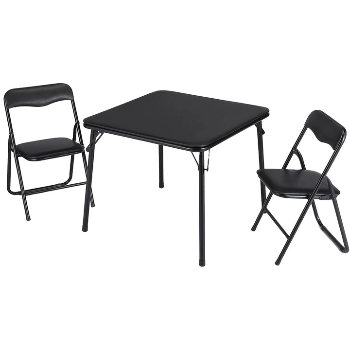 Set masa si scaune, 2 scaune, tapitate cu piele, cadru metalic, negru