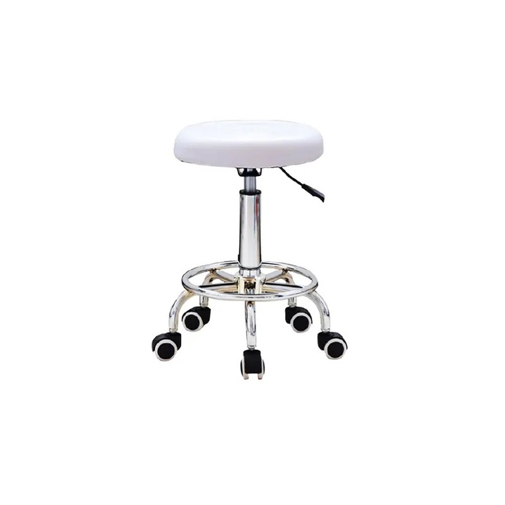 Scaun Tip Taburet - Reglabil pe Inaltime cu Roti, alb