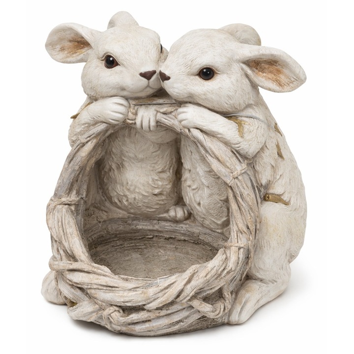 Suport ghiveci decorativ iepuraș, alb patinat, design rustic, pentru interior și grădină