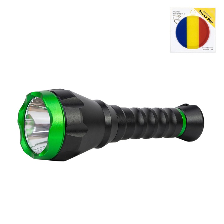 PNI Adventure F750 zöld fényű alumínium zseblámpa csomag ragasztóbetéttel, zászlóval